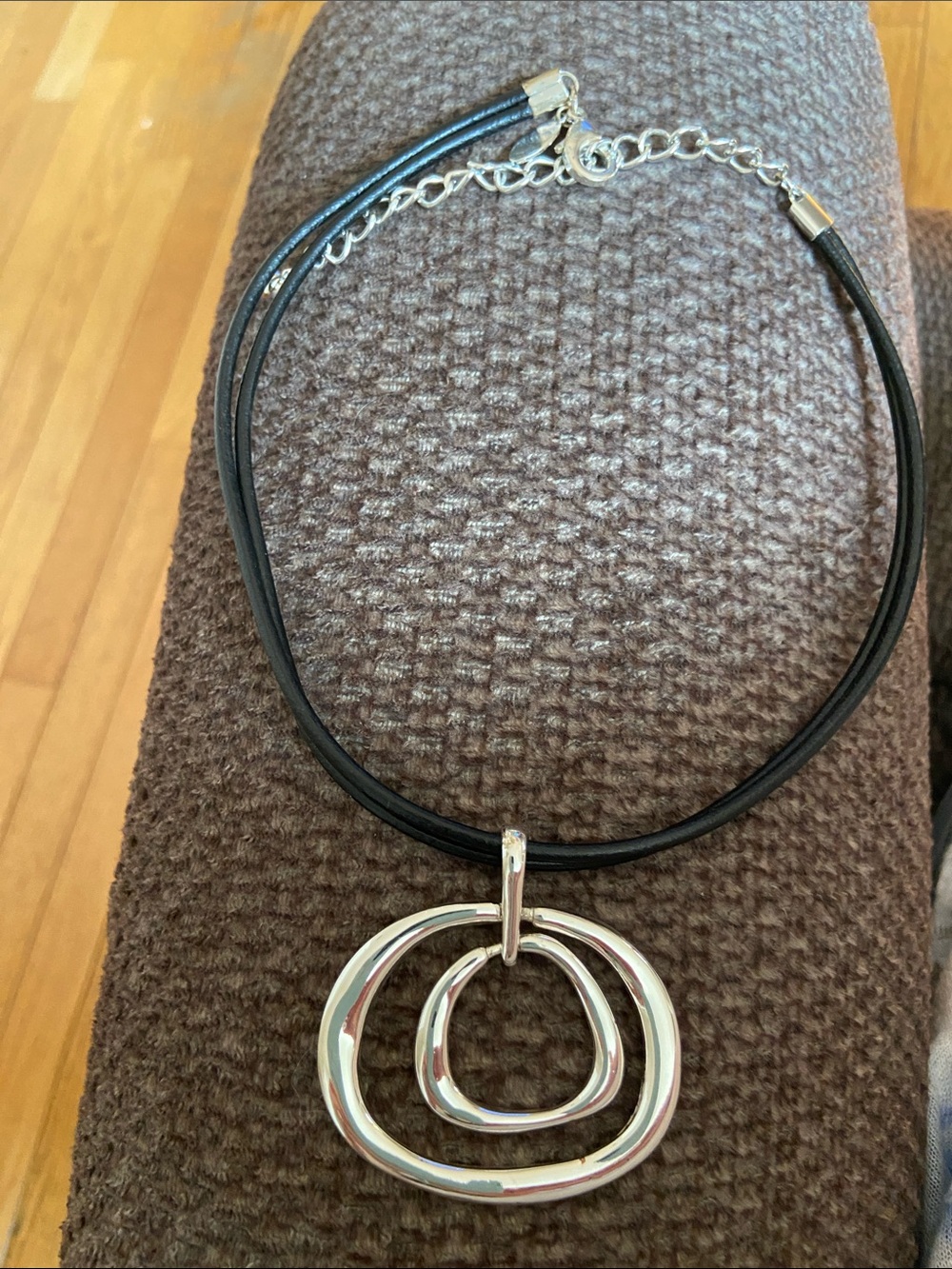 Silver ( not sterling) Double Hoop Pendant Necklace with Black Cord, Chico’s